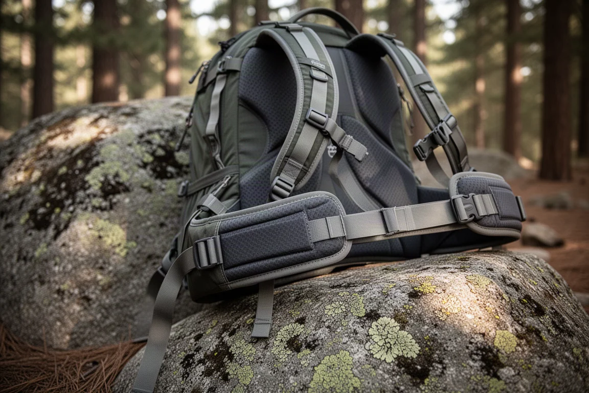 Close-up of a padded hip belt and shoulder strap on a pack against a boulder