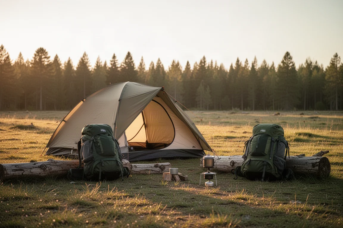 Campsite at golden hour with a tent and packs leaning against a fallen log