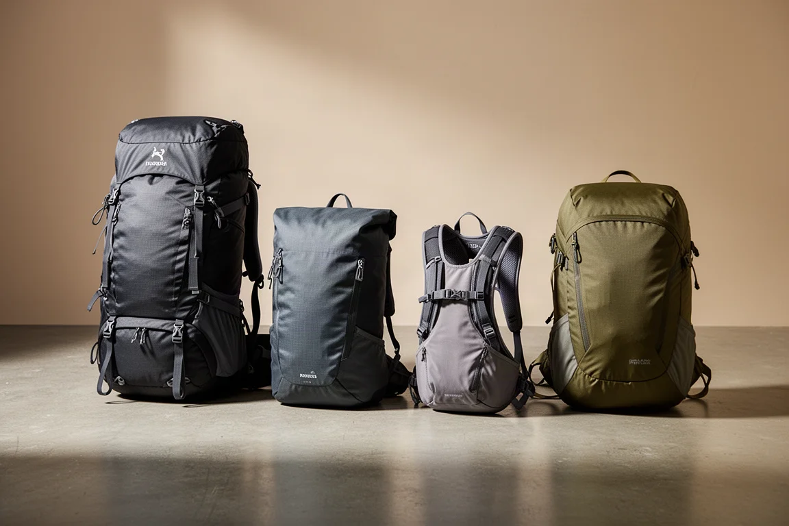 Four backpacking packs of different styles lined up on a concrete floor