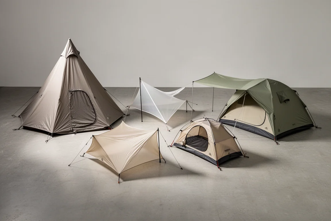 Four backpacking shelters lined up on a neutral concrete surface in soft studio light