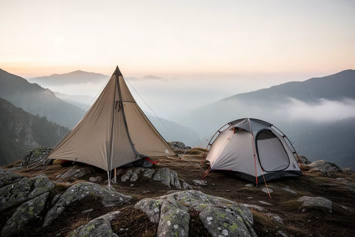Backpacking campsite at dawn with two tents pitched on a rocky ridge