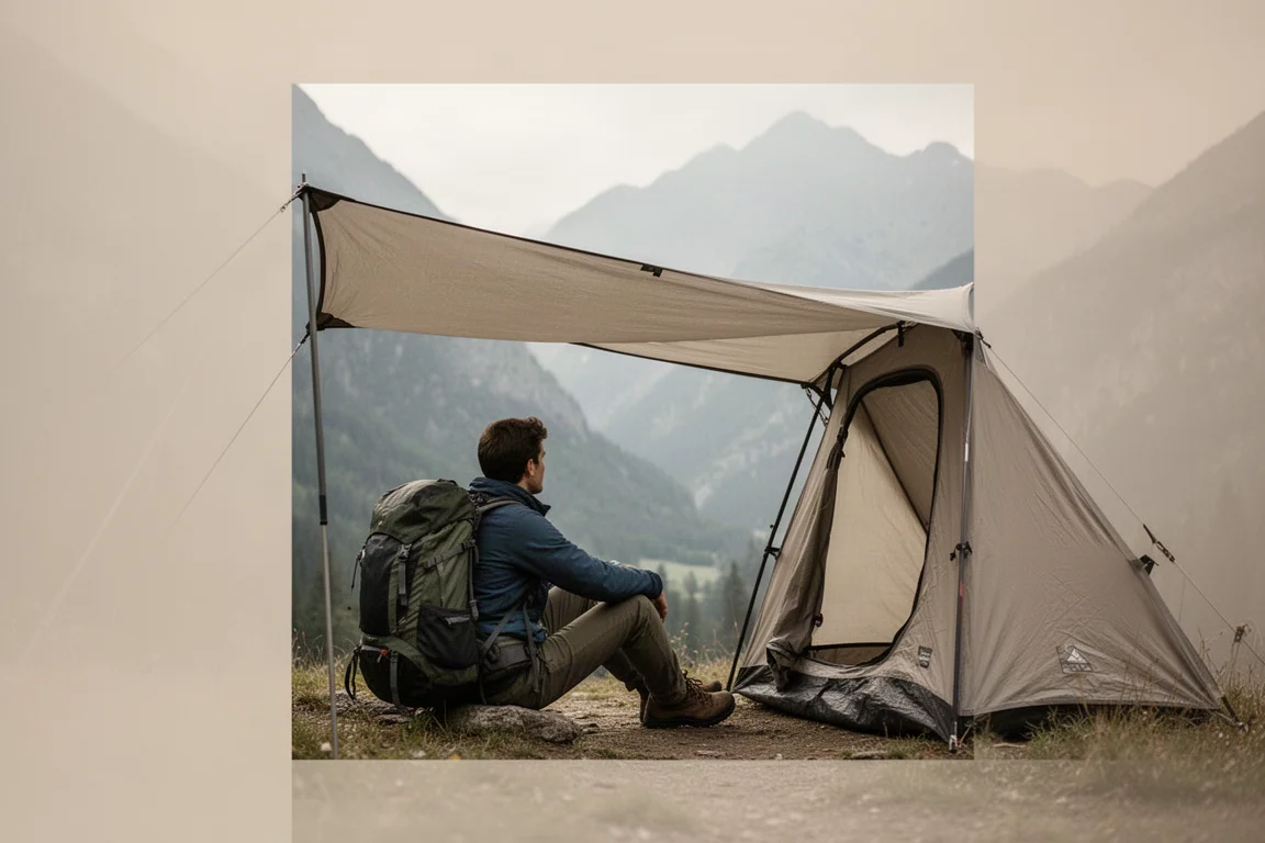 Solo backpacker under front awning of a compact tent in mountain valley