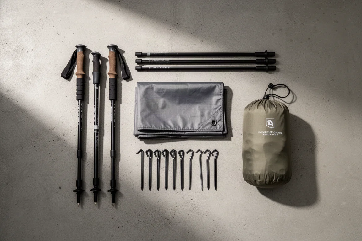 Flat-lay of backpacking shelter accessories on concrete surface