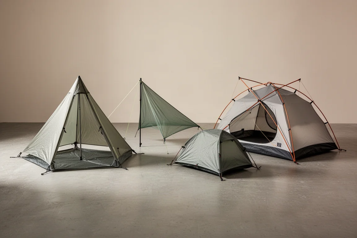 Four backpacking shelters arranged on a concrete surface, including pyramid, Dyneema, solo, and freestanding tents