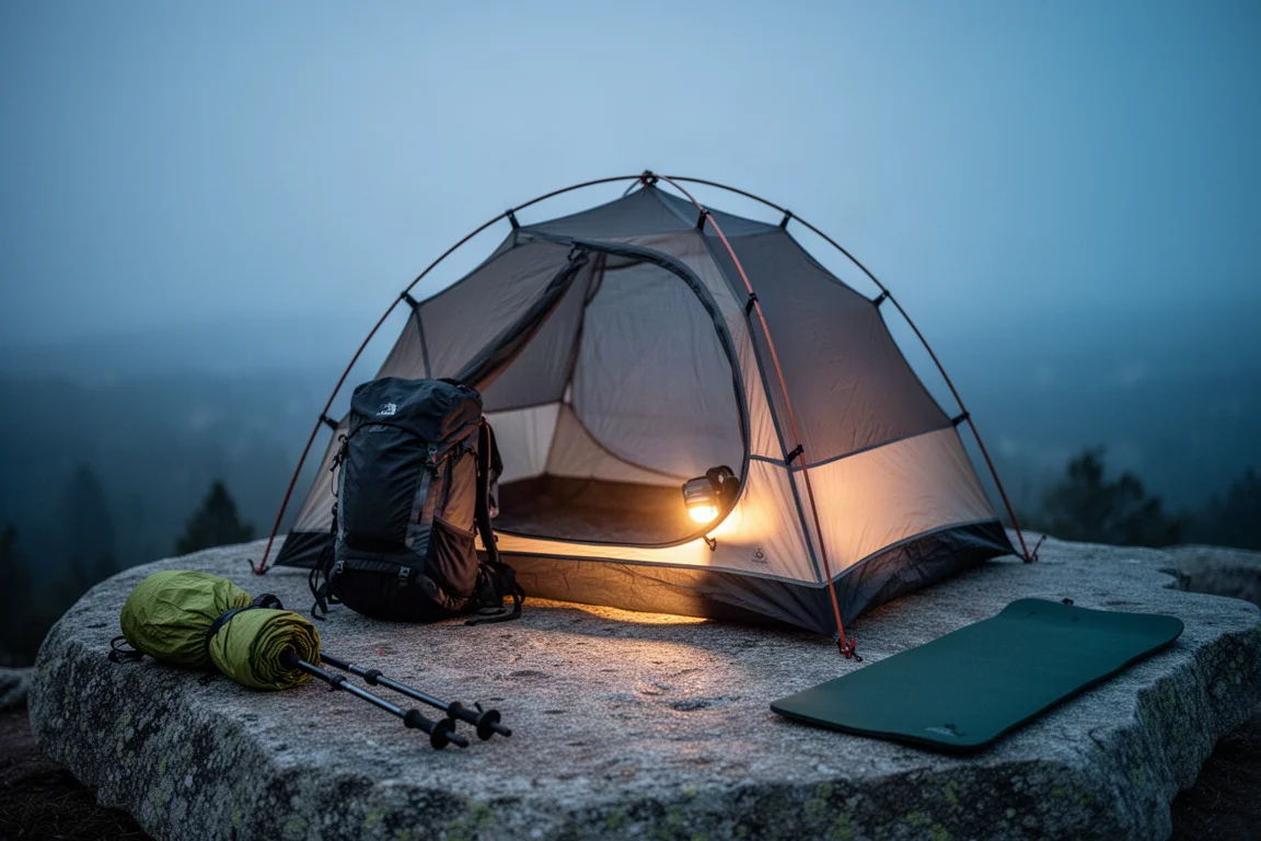 Backpacktent bij schemer met verwijderde buiten tent en warme hoofdlampgloed binnen