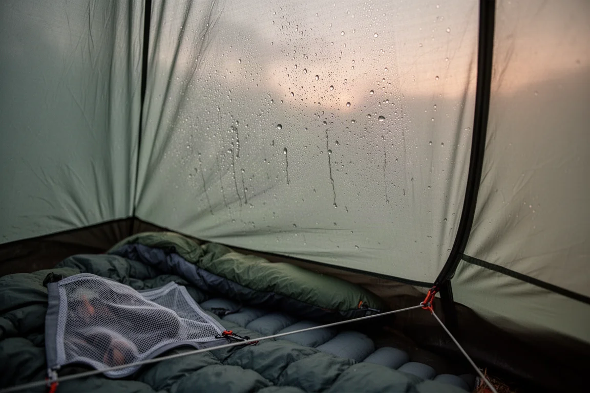 Condensdruppels op de binnenwand van een ultralichte enkelwandige tent bij zonsopgang