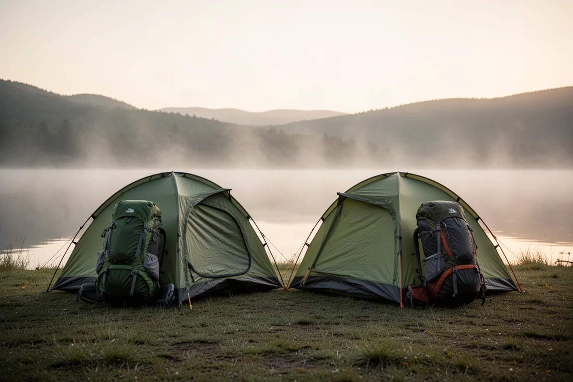 Twee backpacktenten op een mistige oever van een meer bij zonsopgang