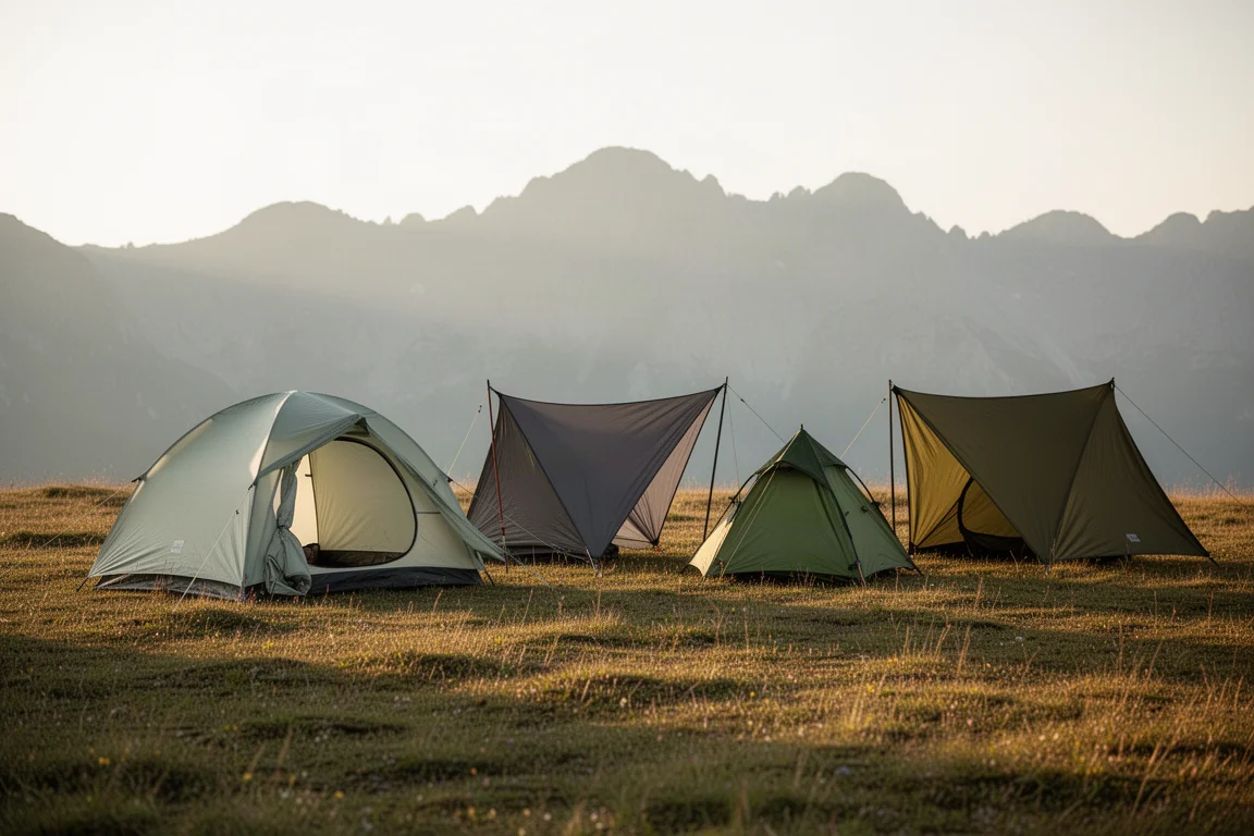 Quattro tende da backpacking leggere montate in fila su un prato alpino nella luce dorata