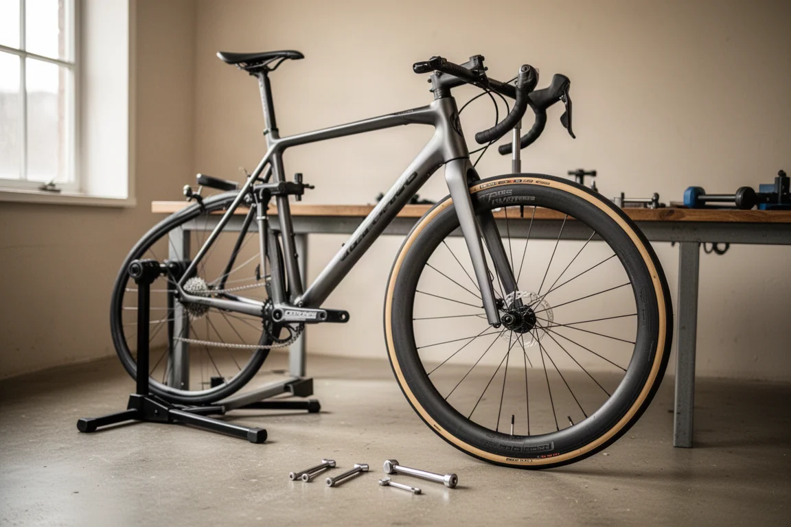 Bici da strada in cavalletto da riparazione con ruota e copertone tubeless sul pavimento dell'officina