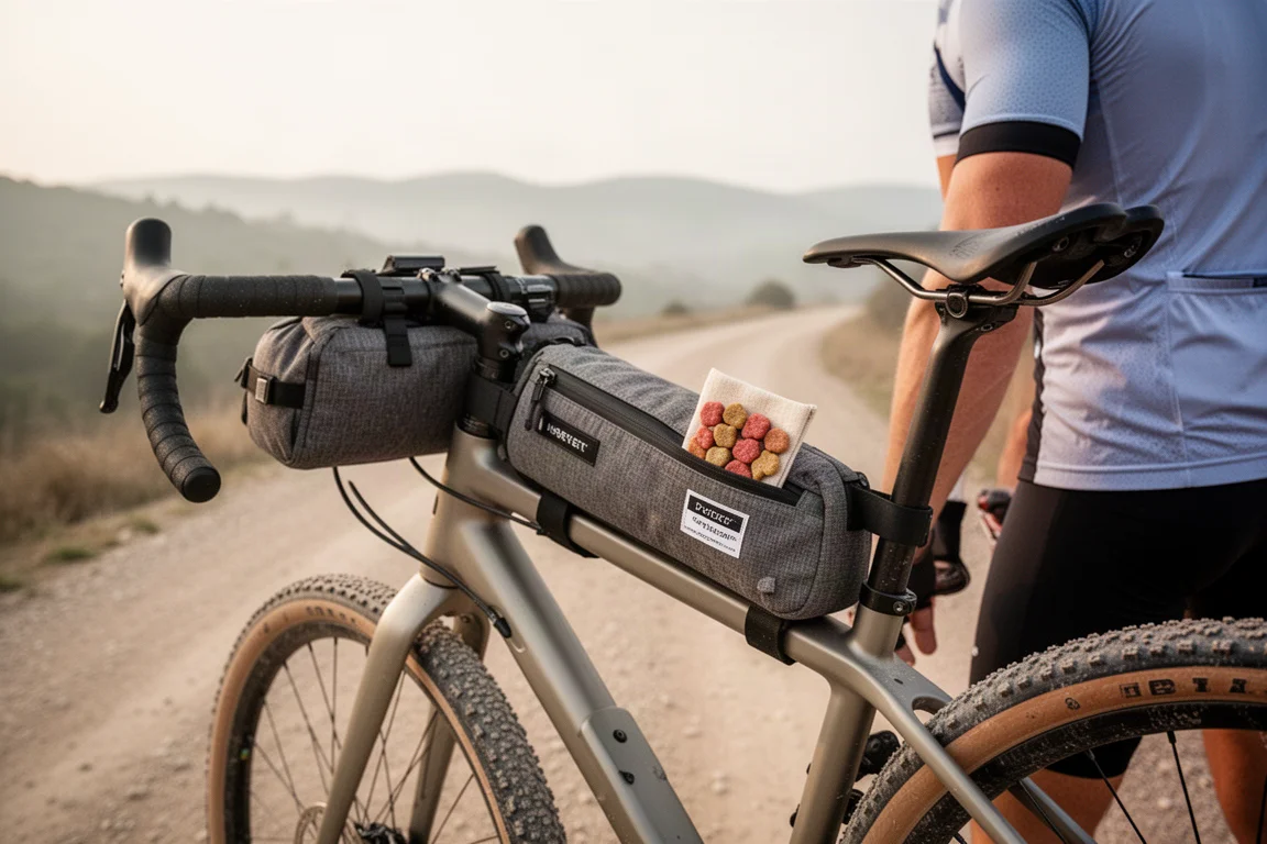 Borsa da telaio gravel con una piccola busta di chews accanto a una strada sterrata
