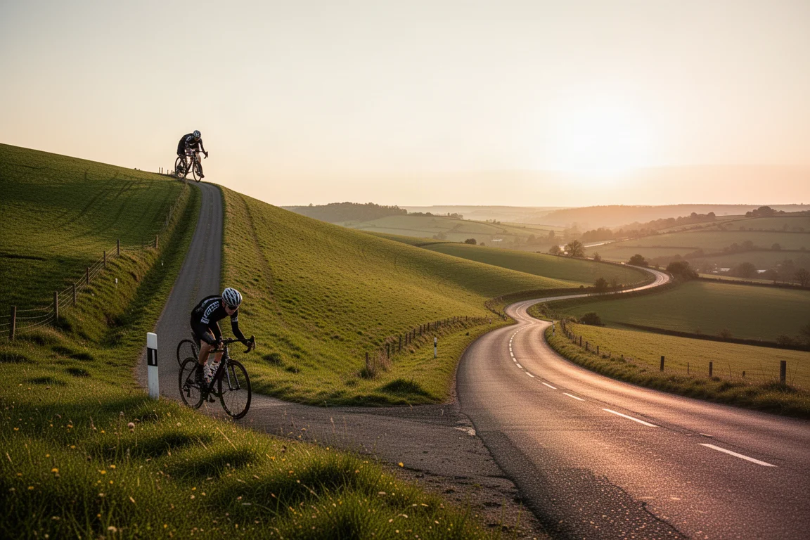 Ciclista che scala un lungo dislivello durante l'ora d'oro, piccolo nel paesaggio