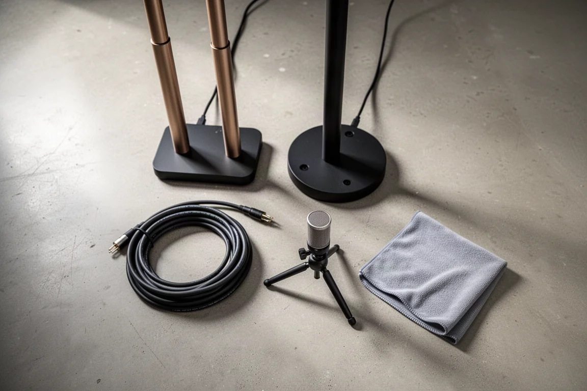 Vue à plat des pieds d'enceinte, du câble, du microphone de mesure et du chiffon sur béton