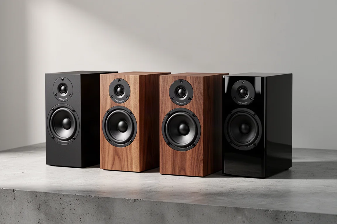 Four standmount loudspeakers in different cabinet finishes arranged on a concrete surface