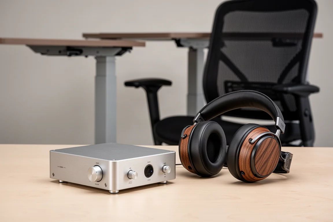 Compact headphone amplifier, closed-back planar headphones, adjustable desk and mesh chair
