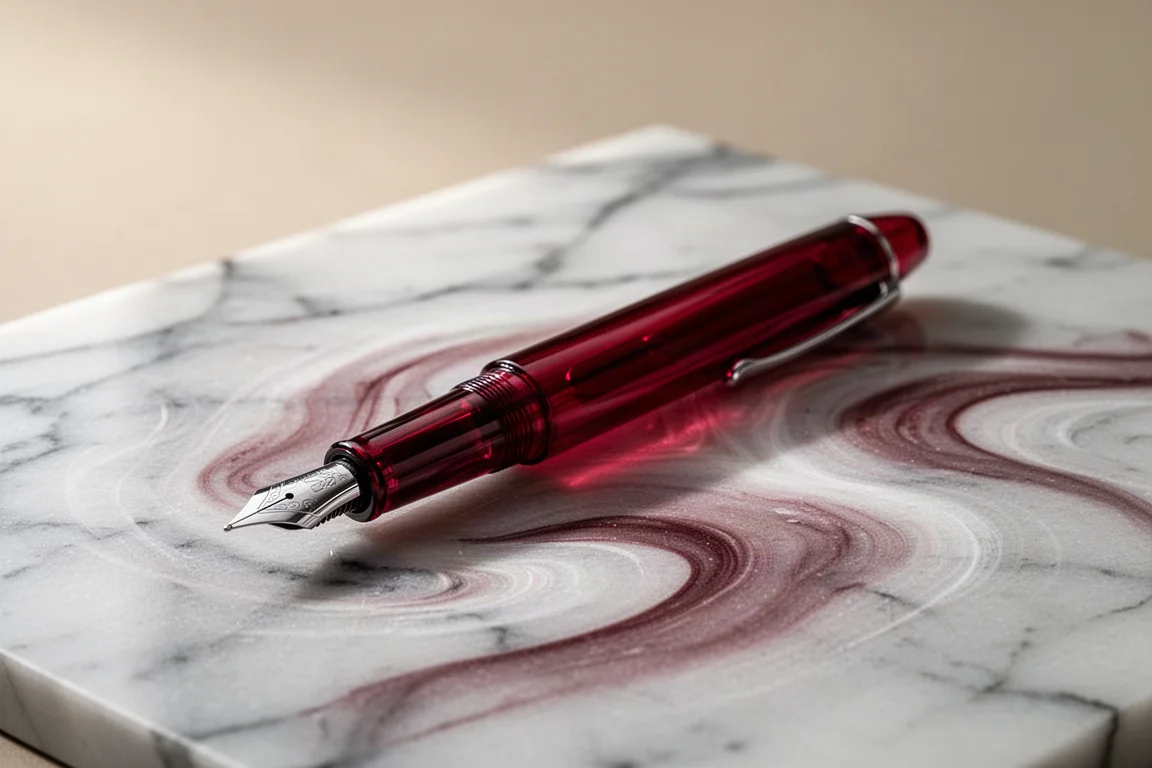 Pennino stilografico in acrilico rosso profondo con motivi materici vorticosi in luce morbida
