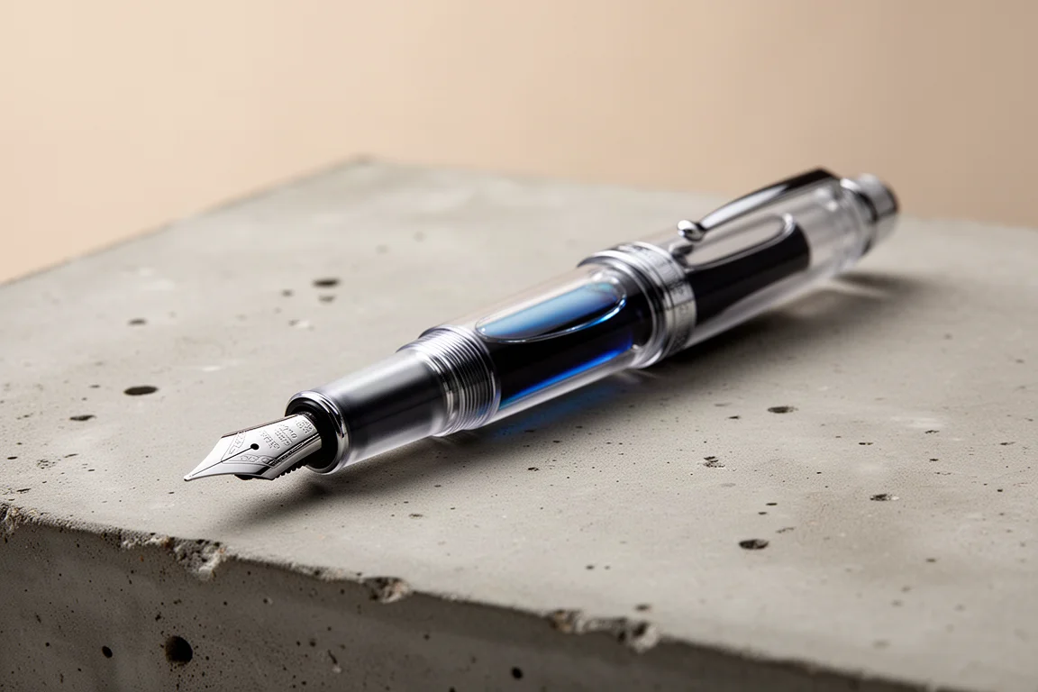 Grande penna stilografica demonstrator con serbatoio pieno d'inchiostro su superficie di cemento