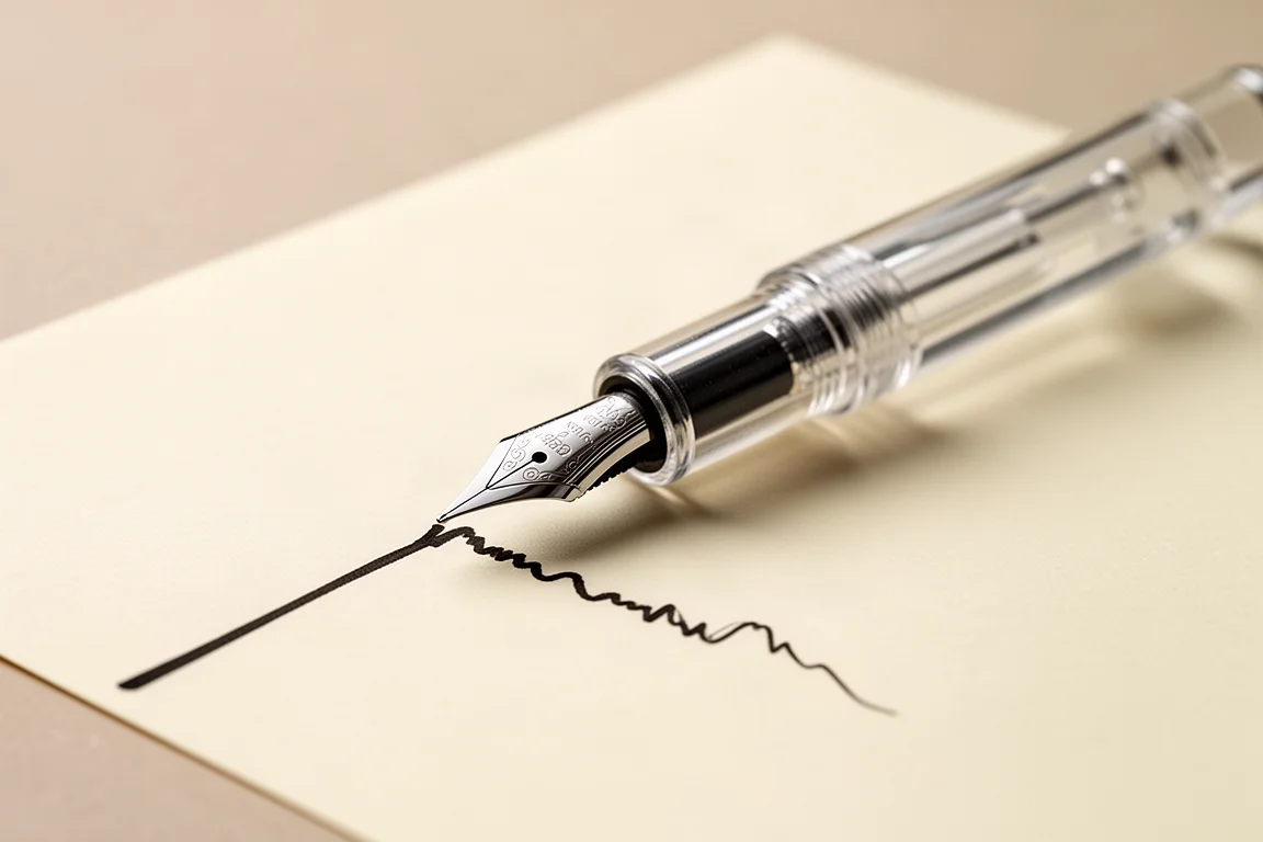 Pluma estilográfica de resina transparente con nib flex escribiendo sobre papel crema