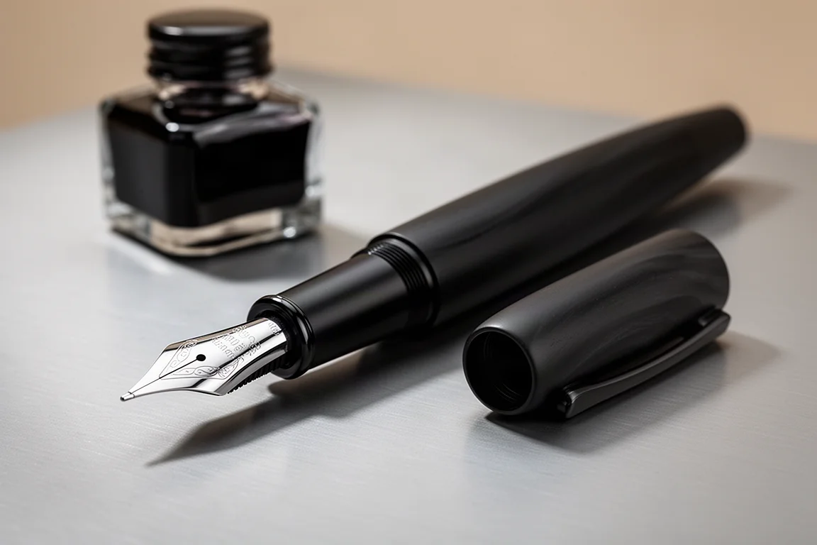 Pluma estilográfica negra sobredimensionada con nib broad de acero grande sobre un escritorio