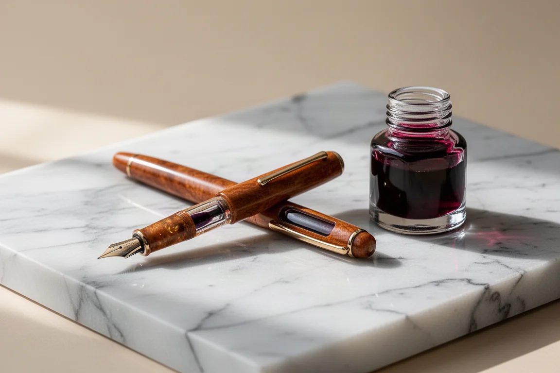 Pluma estilográfica de resina marrón con ventana de tinta junto a un vaso de tinta roja