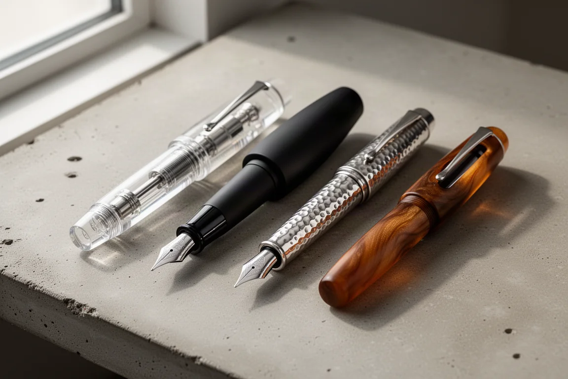 Four fountain pens in transparent, black, silver, and brown finishes arranged on a concrete desk
