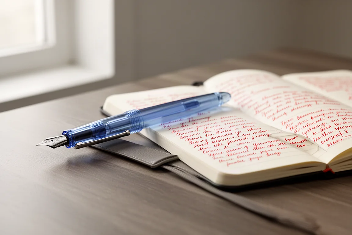 Stilografica demonstrator blu traslucida su una scrivania accanto a un quaderno aperto