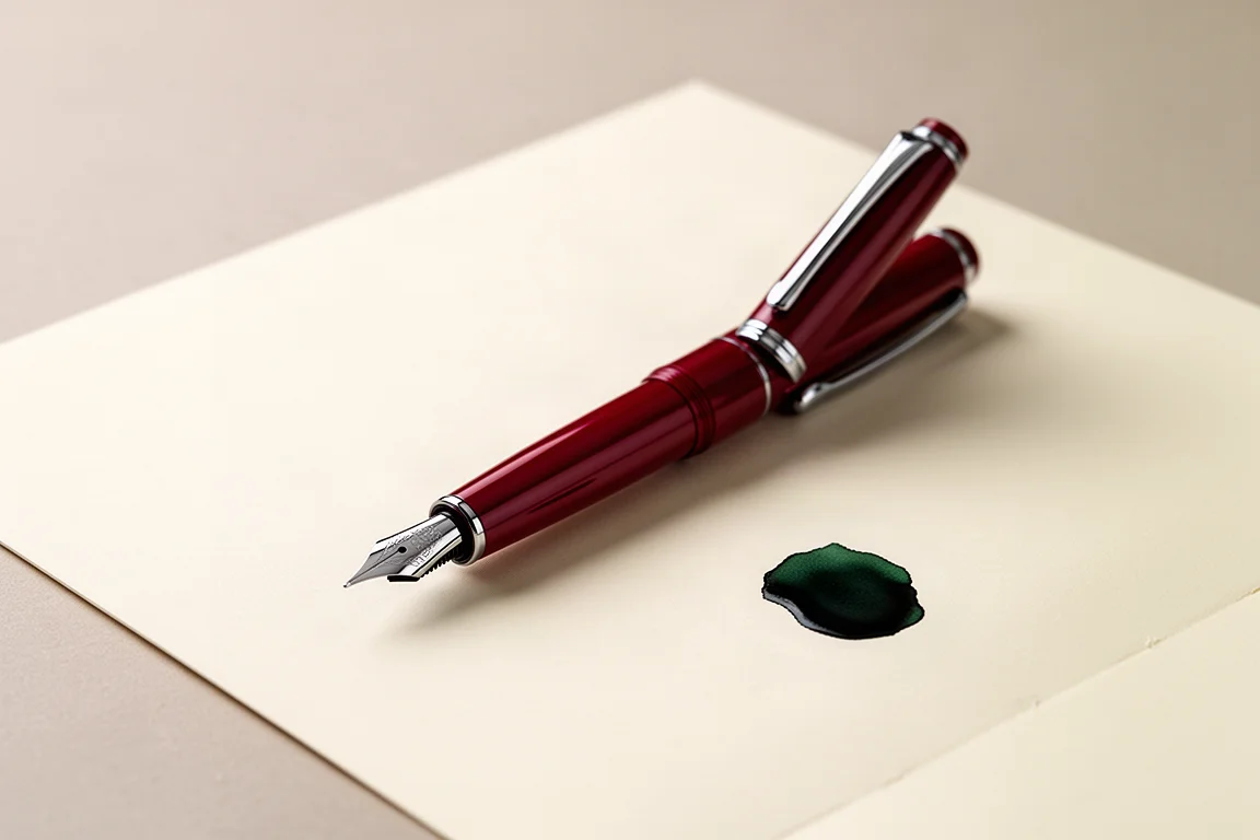 Stilografica retrattile rossa lucida appoggiata in diagonale su una pagina bianca