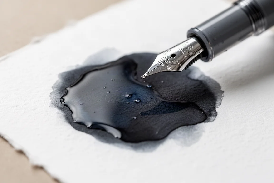 Inchiostro grigio per stilografica con forte shading che si asciuga su carta bianca
