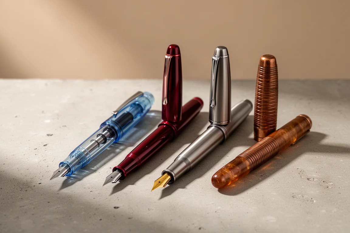 Four fountain pens in blue, red, matte metal, and vintage copper finishes arranged on a concrete surface