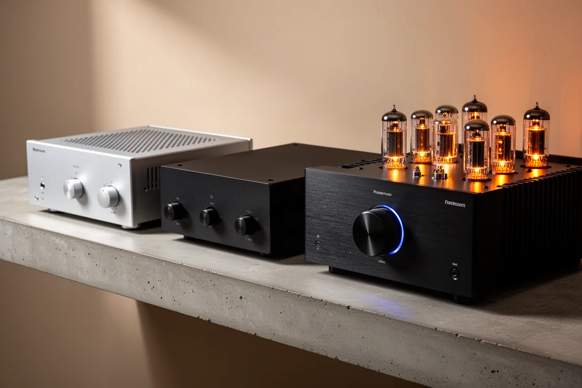 Four integrated stereo amplifiers arranged in a row on a concrete shelf