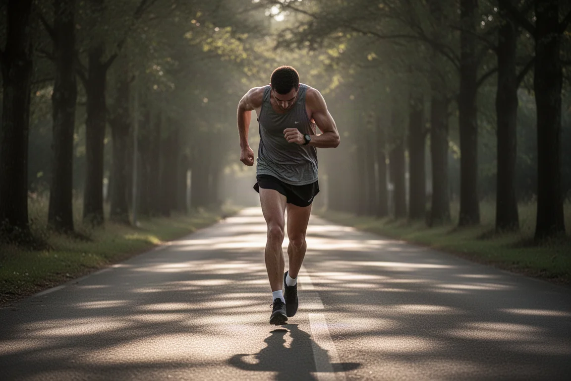 Hardloper die afremt op vermoeide benen tijdens de laatste kilometers van een lange duurloop