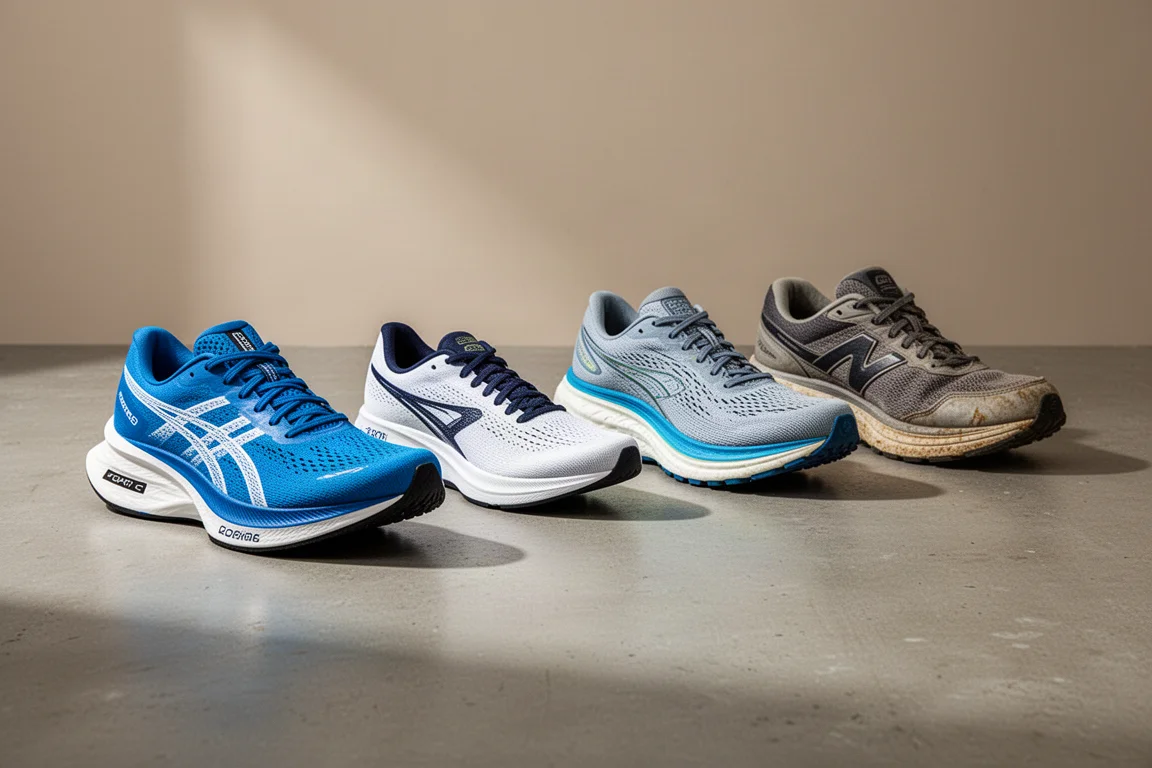 Four different running shoes lined up on a concrete surface