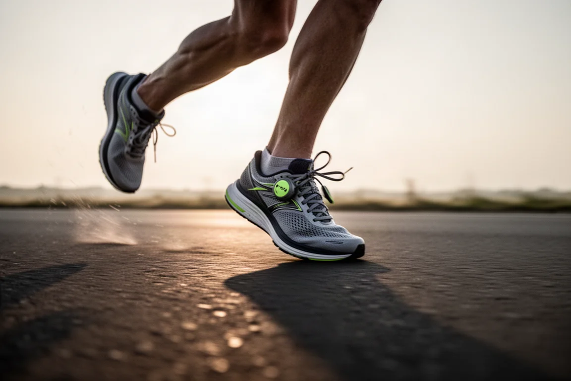 Tênis de treino tempo rodando em uma corrida rápida no asfalto liso ao amanhecer