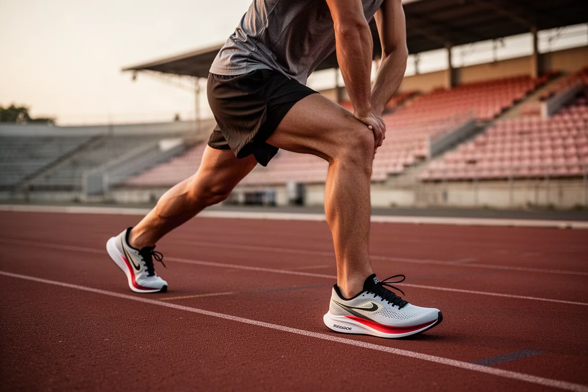 Corredor se preparando para um treino de velocidade em uma pista de atletismo à luz do entardecer