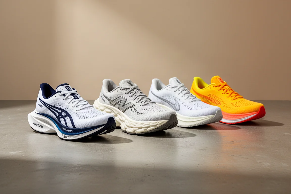 Four running shoes arranged in a row on a concrete surface