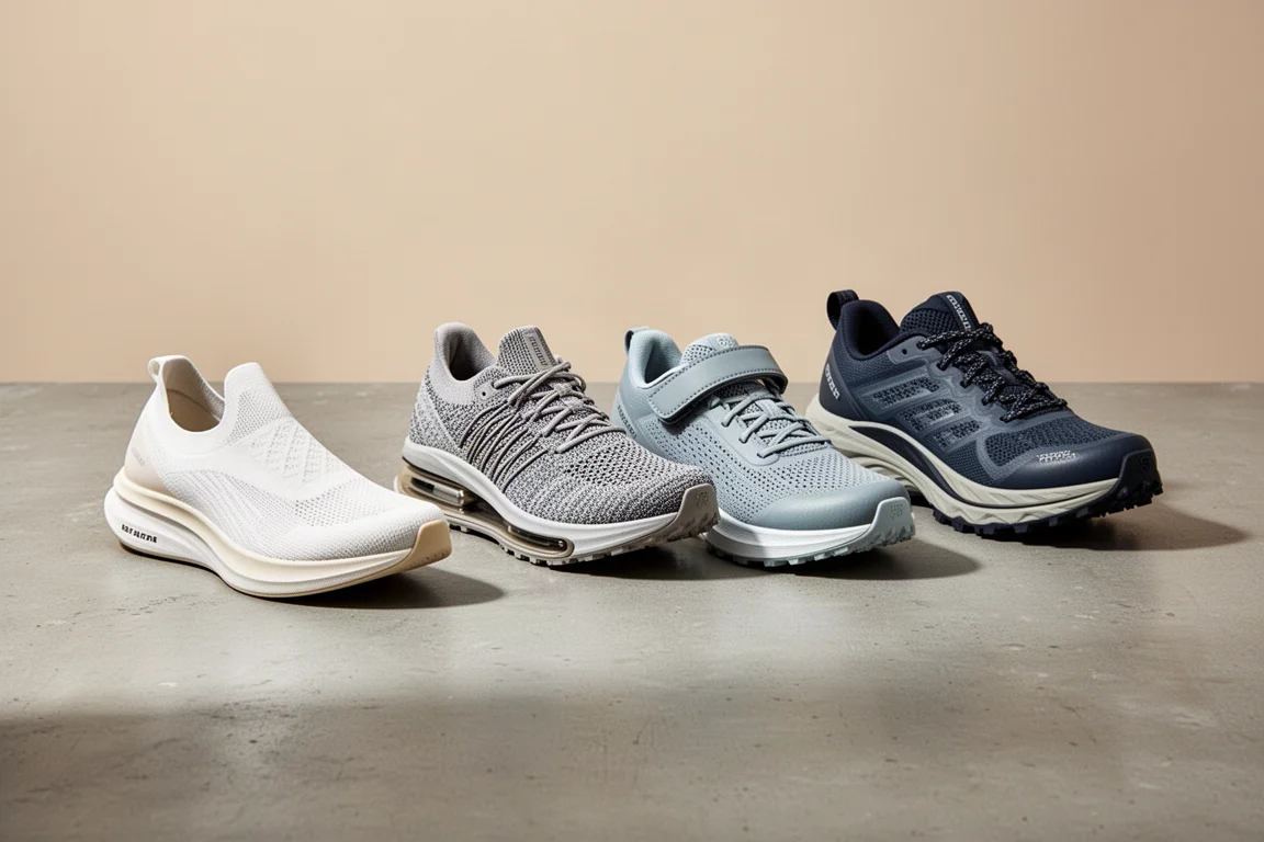 Four modern running shoes arranged in a row on a concrete surface