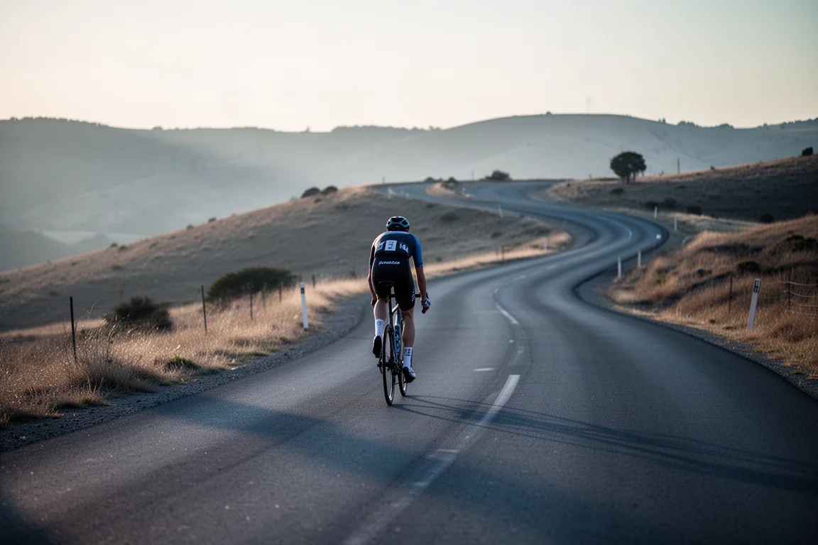 Ciclista de estrada subindo uma estrada sinuosa ao amanhecer