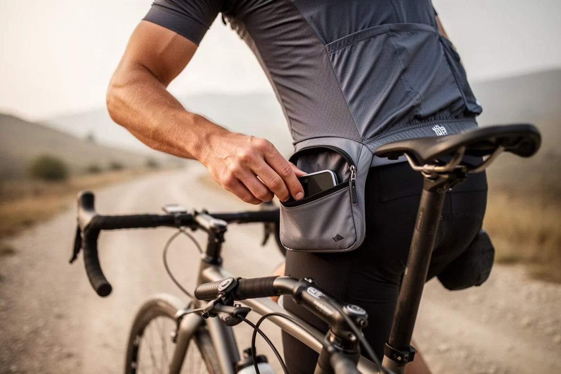 Ciclista colocando a mão em uma bolsinha de bolso de jersey enquanto pedala