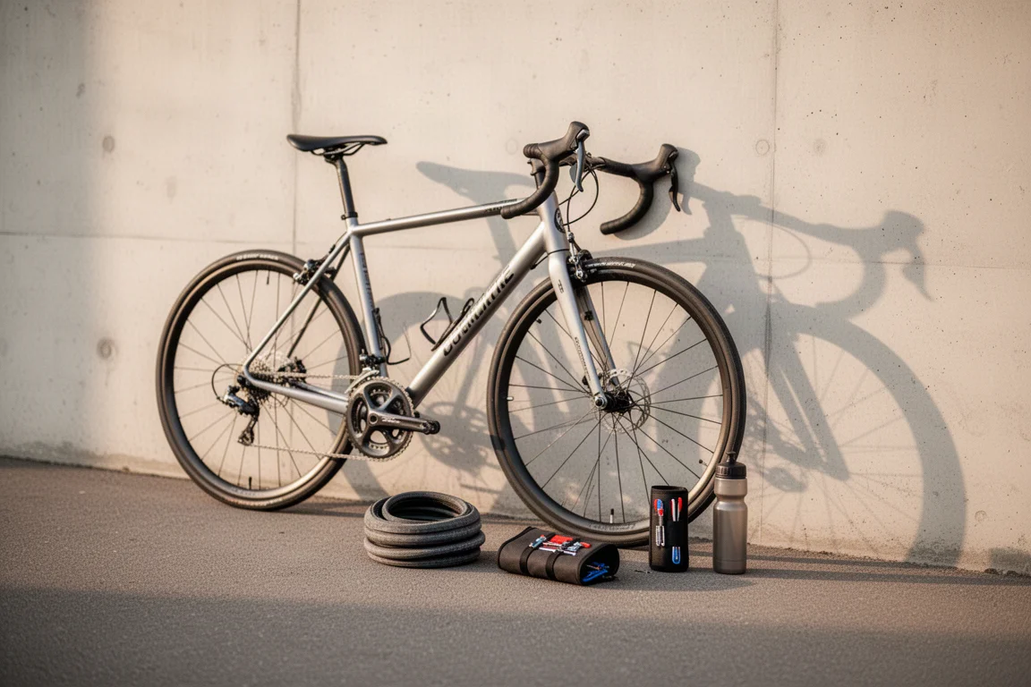 Bicicleta encostada em uma parede de concreto ao lado de itens essenciais de ciclismo