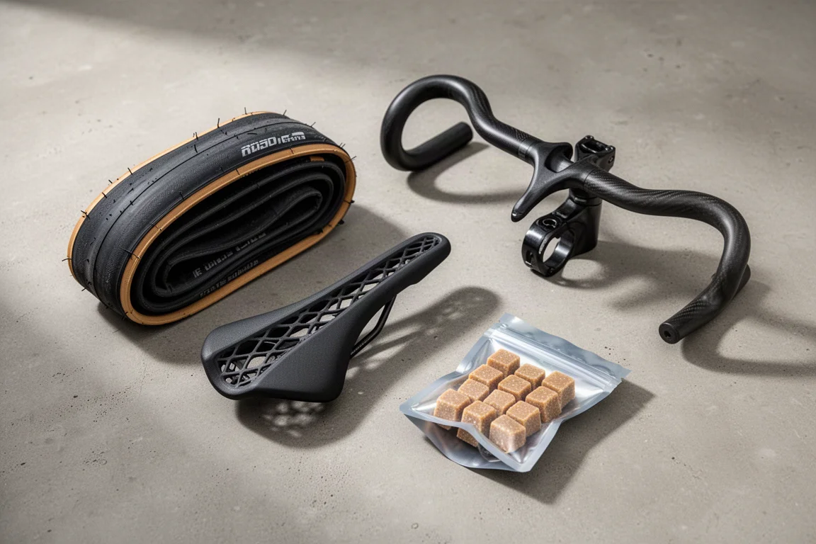 Racefietsband, 3D-geprint zadel, carbon stuur en voedingschews op beton