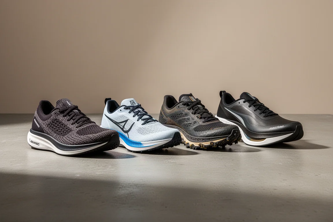 Four running shoes including a trainer, racer, trail shoe and super shoe on a concrete surface