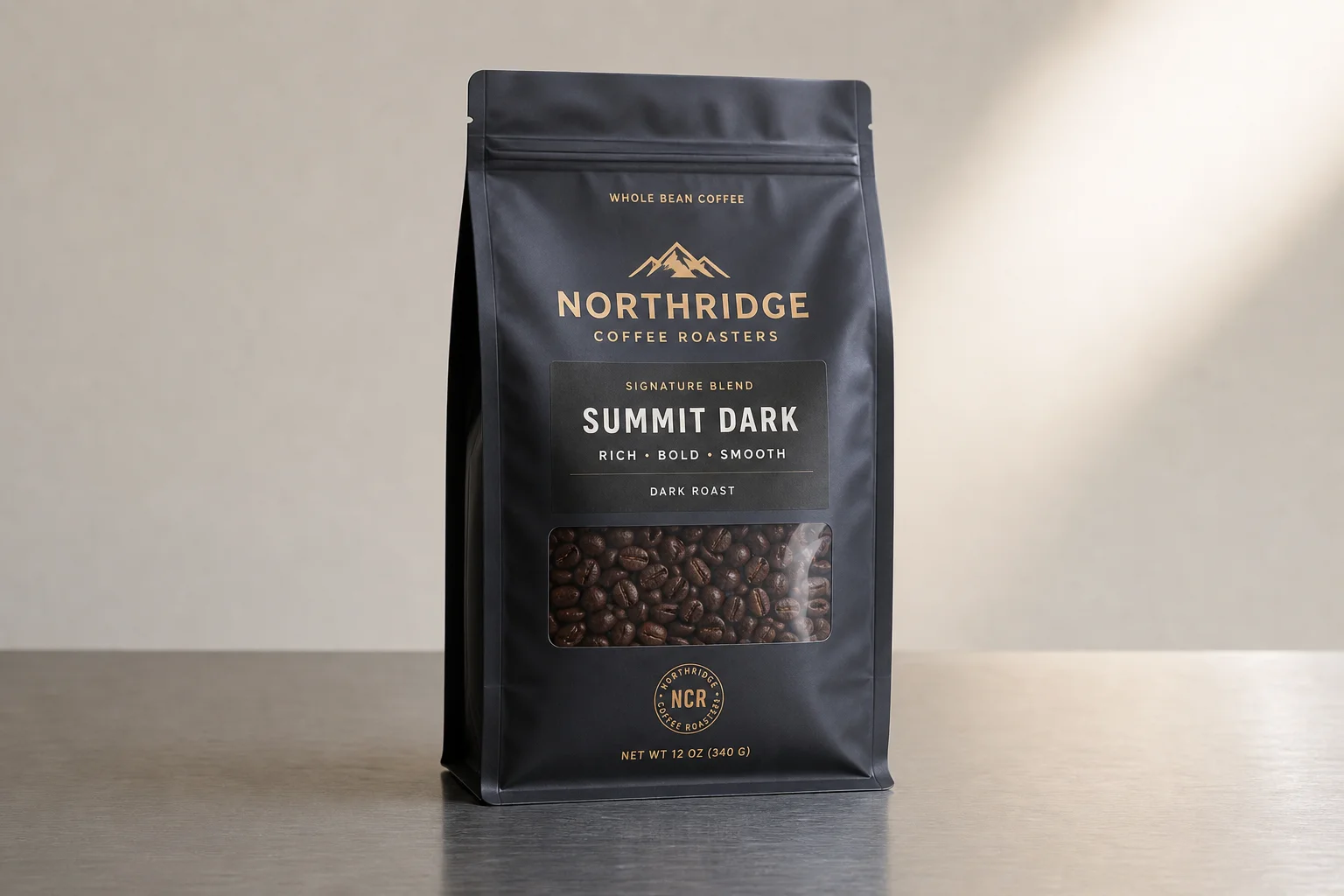 Five mushroom coffee products arranged on concrete surface