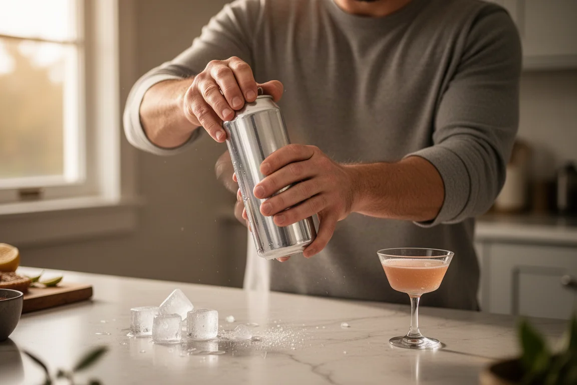 Person shaking a cocktail can with ice at a home kitchen counter