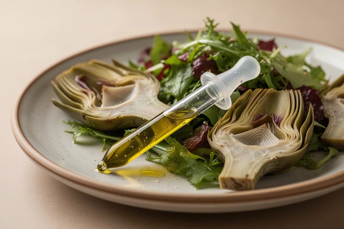 Small pipette of olive oil resting on a fresh salad
