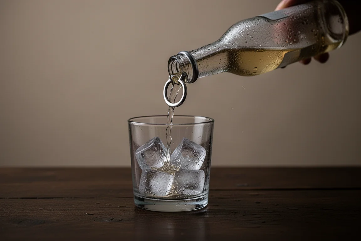 Slim drink bottle being inverted and poured into a glass with ice