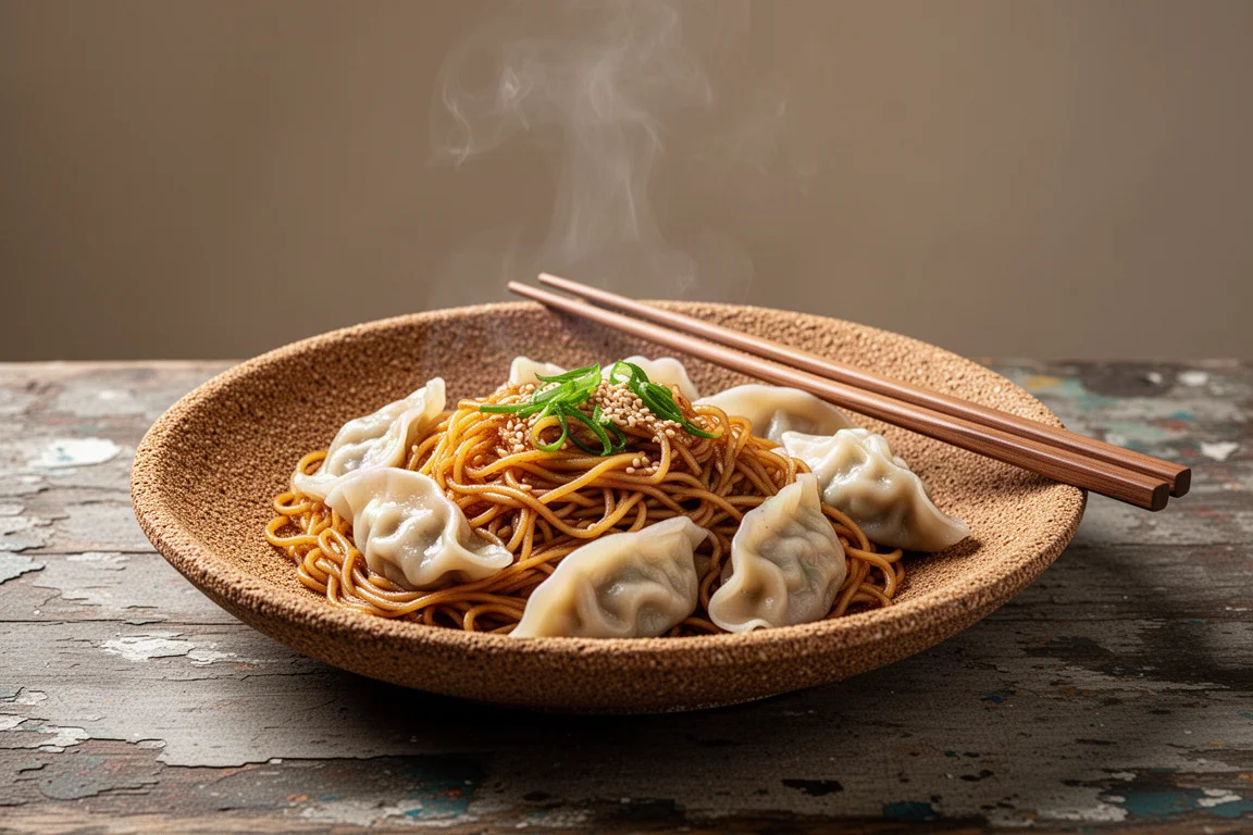 Street food noodles served on a sturdy brown wheat bran plate