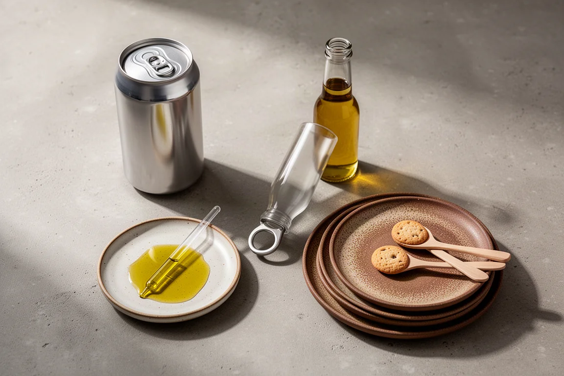 Flat-lay of a cocktail can, olive oil pipette, drink bottle and edible plates on concrete