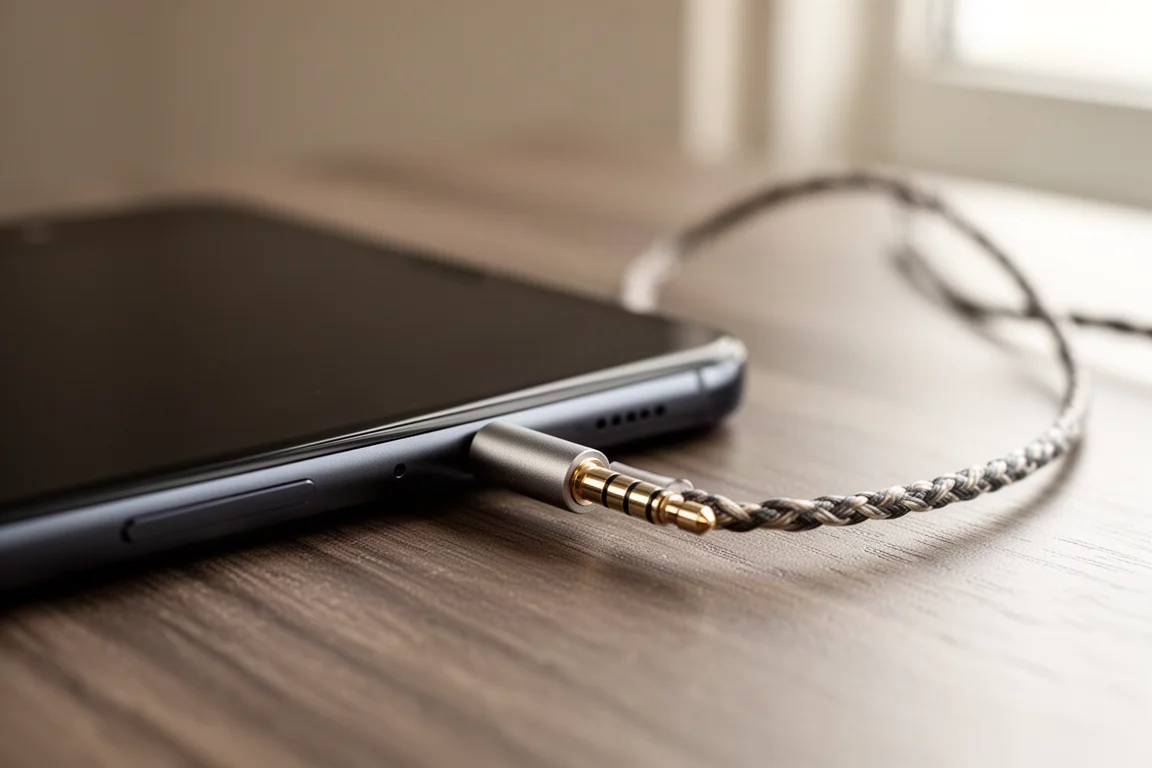 Zbalansowany wtyk słuchawkowy włożony w dolny krawędź ciemnego telefonu