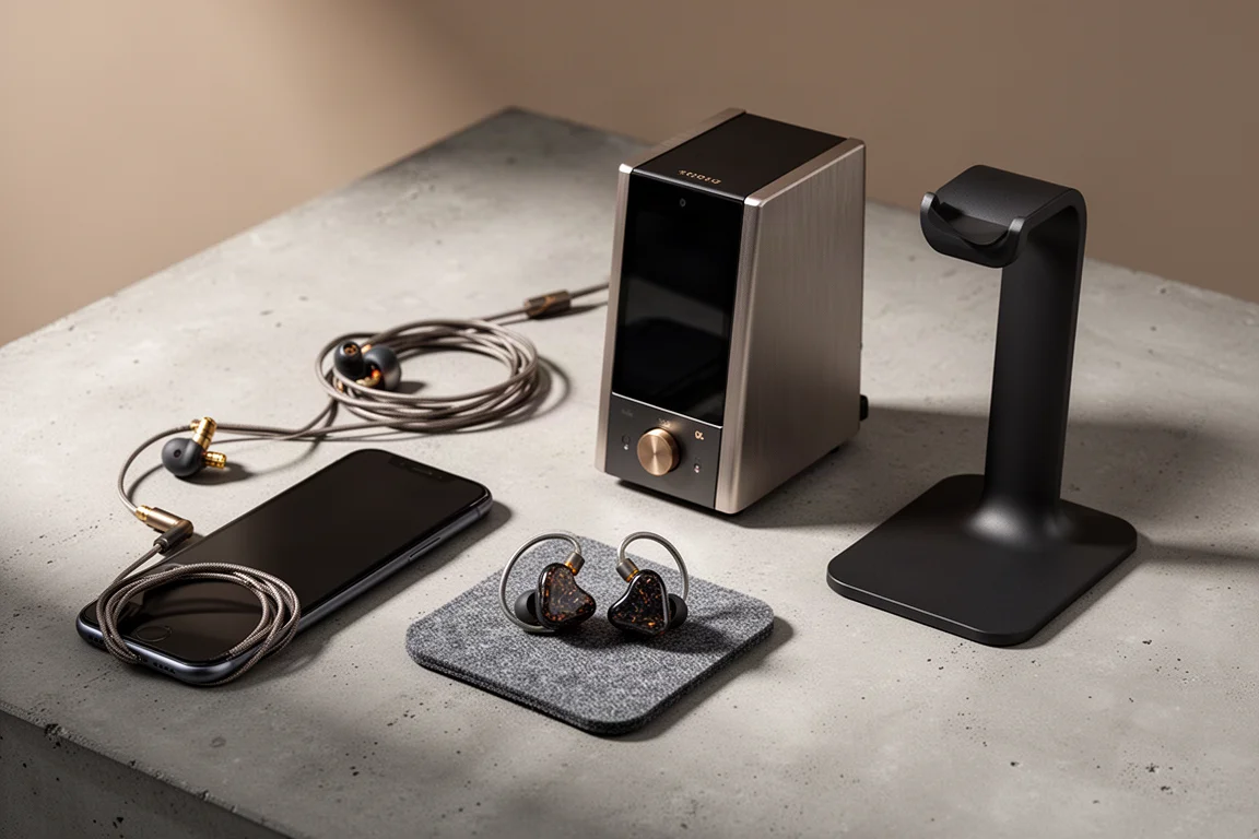 Four hi-fi audio products arranged on a matte concrete surface in soft studio light