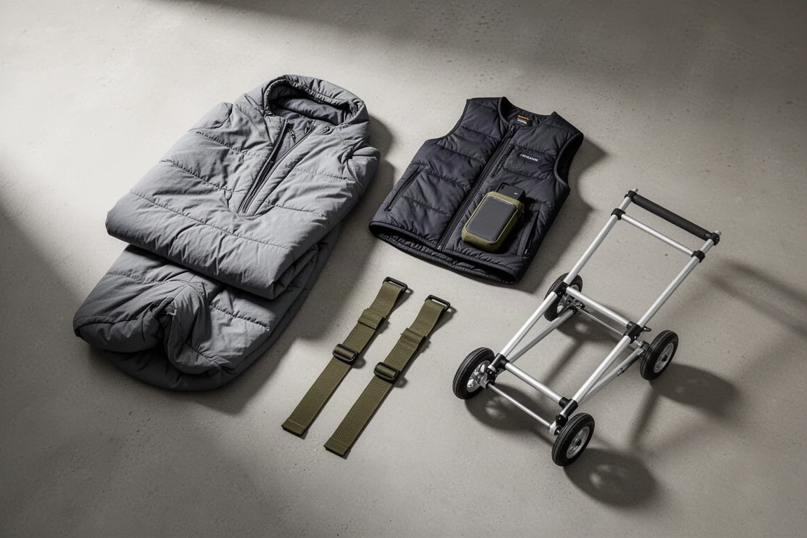 Unusual camping gear on concrete: sleeping bag suit, heated vest, strap and trailer frame