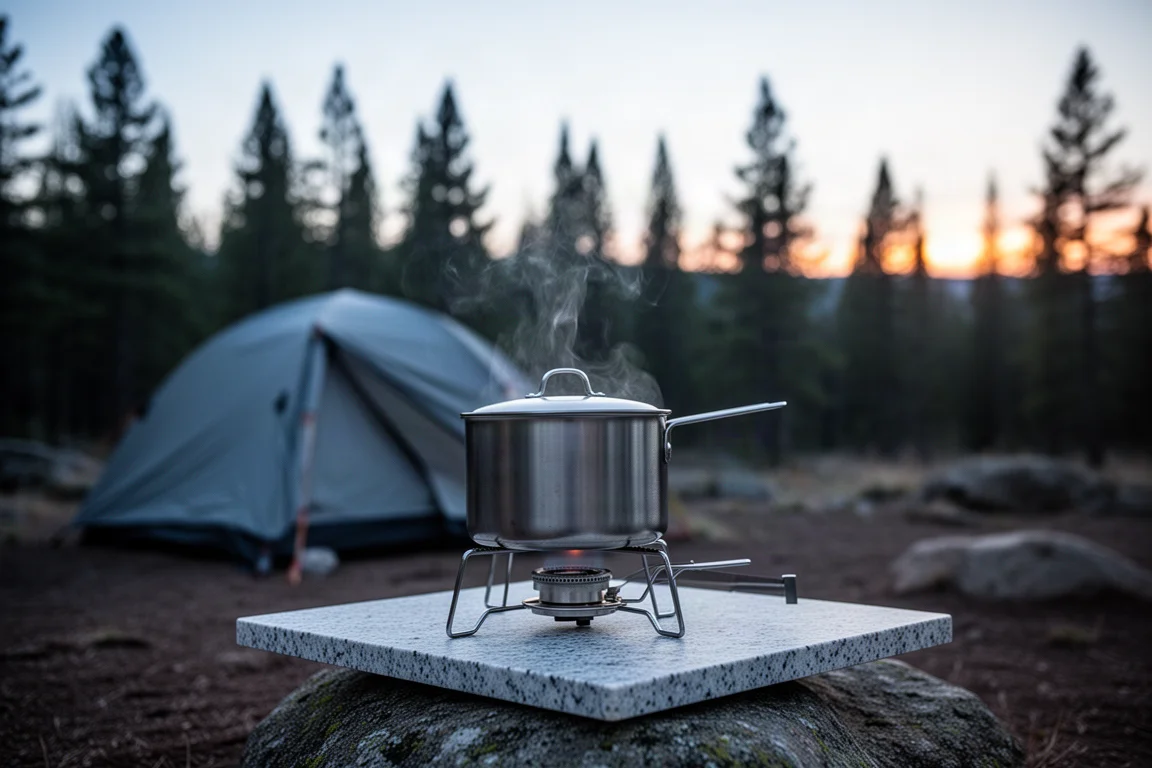 Small campsite kitchen at dawn with a steel pot on a low single-burner stove